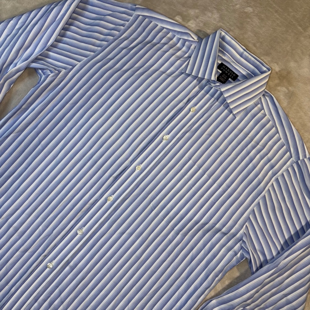 Harold Powell Mens Blue White Striped Cotton Dress Shirt 15.5 32/33 Long Sleeve